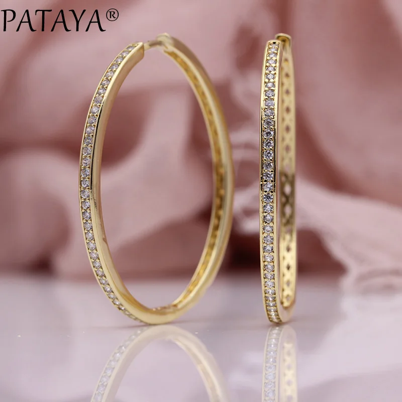 PATAYA New Big Circle Earrings Women Fashion Luxury Hollow Fine Jewelry 585 Rose Gold Color Natural Zircon Oval Dangle Earrings