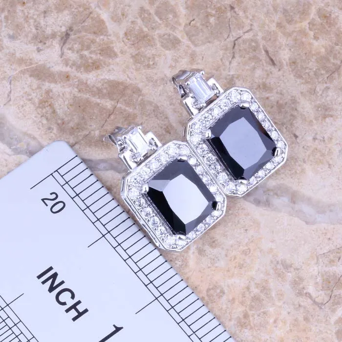 Jolly Black Cubic Zirconia White CZ Silver Plated Earrings Pendant Necklace Jewelry Sets S0759