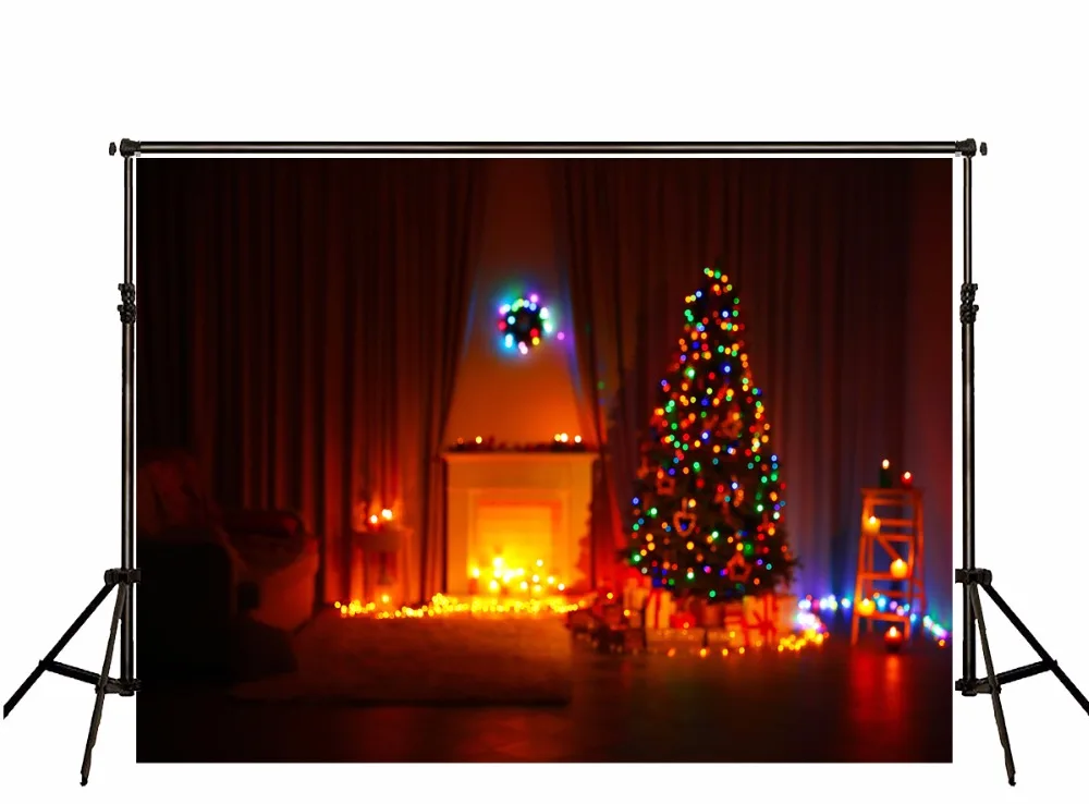 

VinylBDS Christmas Photography Backgrounds indoor warmth Christmas Tree BackdropsFreplace Lights for Children Camera Fotografica