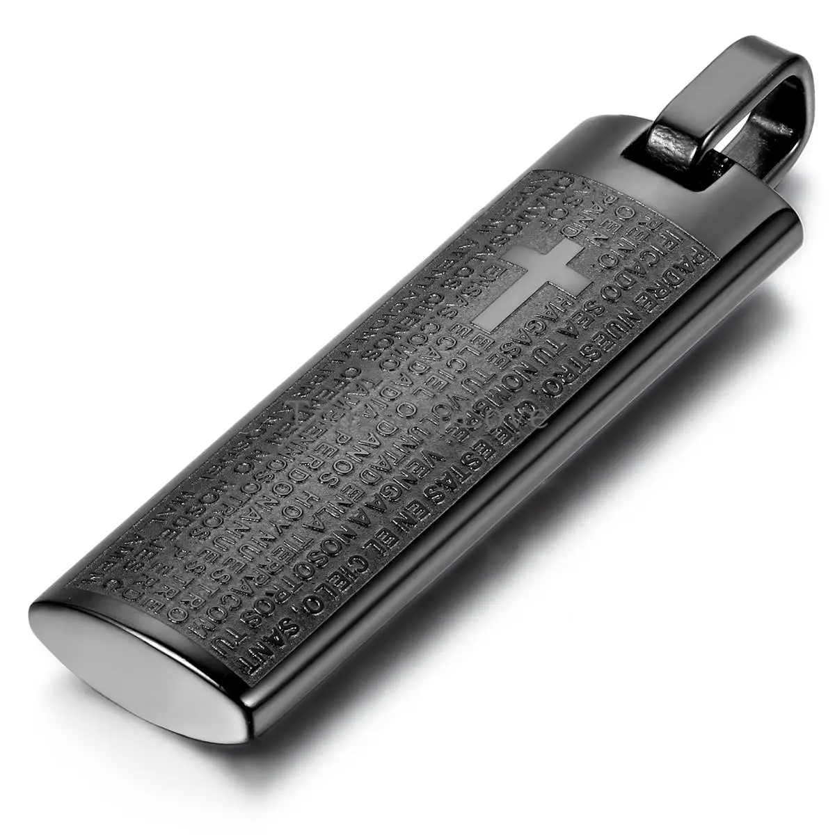 New Personality 316L Stainless Steel Mens Womens Spanish Lord\'s Prayer Cross Pendant Necklace Black Color colgantes hombre