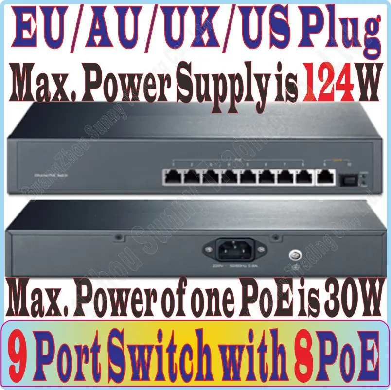 Build-in Power Supply, Max 124W, 9 port 8 poe switch IEEE802.3af at PoE suit for poe camera or AP, 1000Mbps port *1, SFP port *1