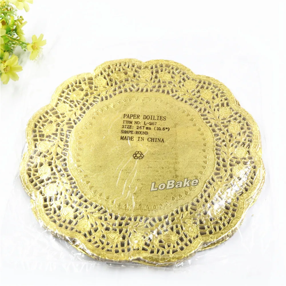 (100 pieces/pack) Beautiful 10.5 inches gold colored round paper lace doilies cupcake placemats DIY bakeware kitchen accessories