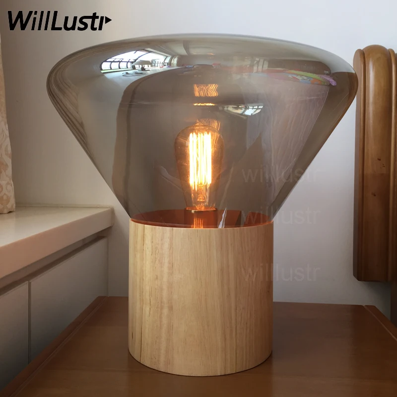 wood base glass shade table lamp clear smoke amber table lighting nordic design modern desk light vintage bulb