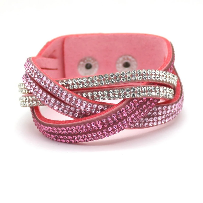 XQNI Brand Handmade Crystal Leather Bracelets Women Bangles Trendy Brand Pink Rhinestone Braided Charm Bracelets Jewelry