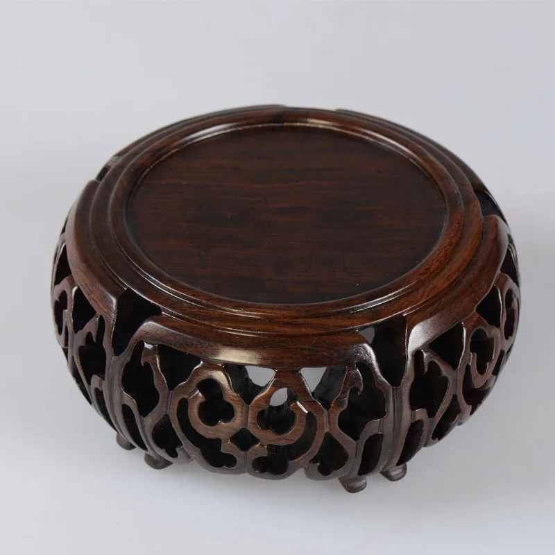 Black Catalpa wood hollow circular drum-shaped vase Buddha jade seal base red solid stone ornaments wood carvings bracket