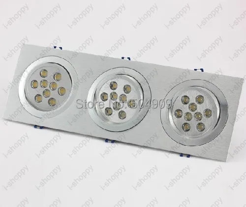 Pode ser escurecido 27w (3*9w) 27-led tri-cabeça recesso armário de teto para baixo luminária downlight/lâmpada spotlight retângulo 110v/220v