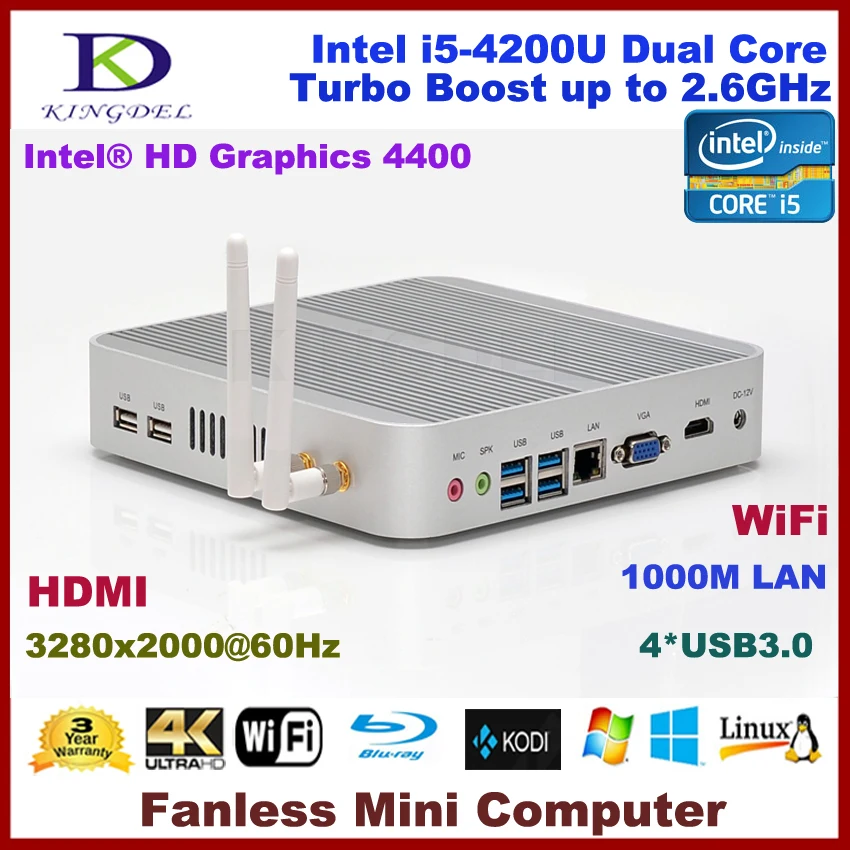 Intel i5-4200U CPU 3280*2000 Mini PC, Nettop with 2GB RAM, 24GB SSD+640GB HDD, 4*USB 3.0, HDMI, Fanless, WiFi, Bracket Mount