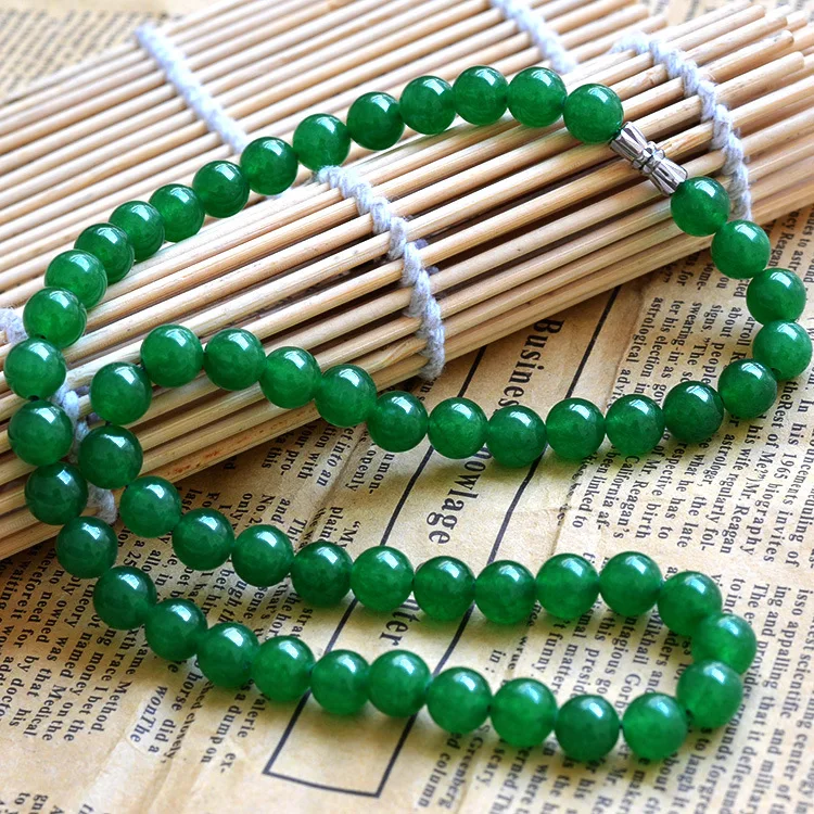 Fashion Jewelry 8MM Beaed Green Chalcedony Natural Stone Pendant Necklace For Women Jewelry Size Length 50cm