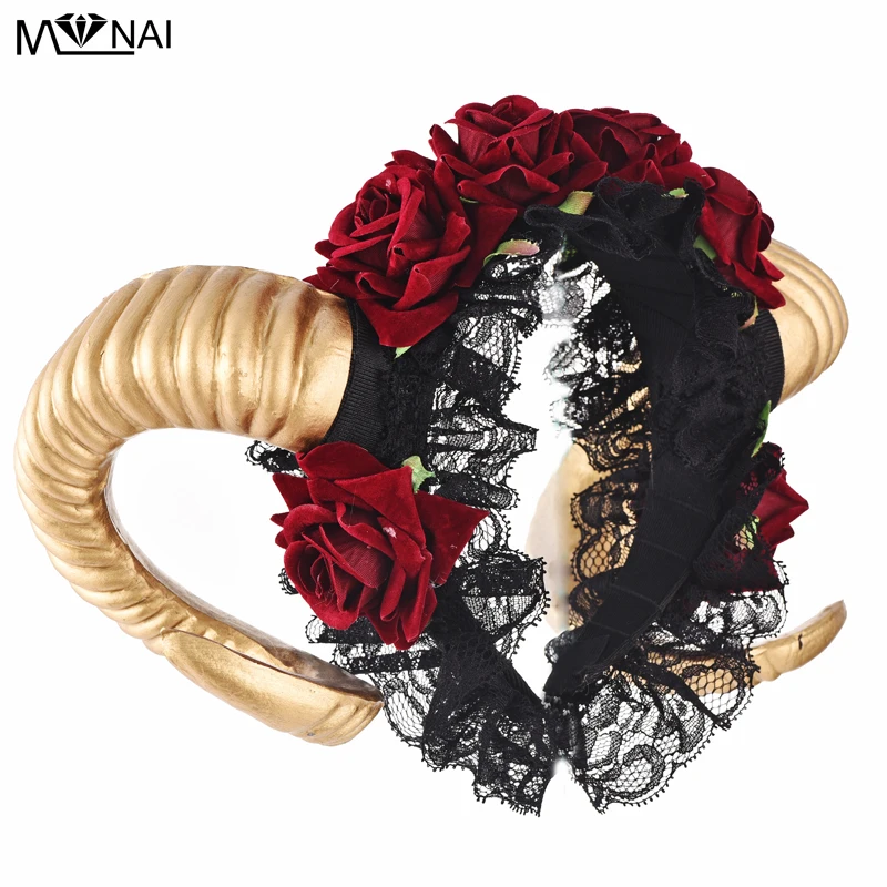 Steampunk Ram Horns Headband Cosplay Fantasy Fancy Dress Sheep Goat Animal Red Rose Crown Headpieces Costumes Accessories