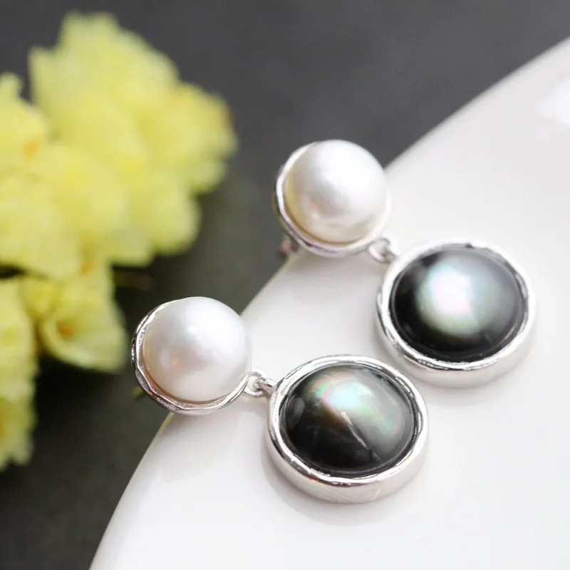 

925 sterling silver inlaid natural black shell earrings fashion round tassel pearl silver earrings factory direct free shipping