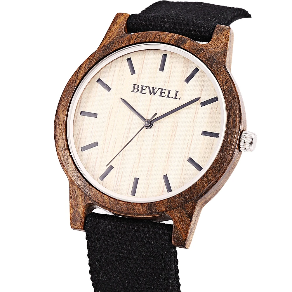 Bewell خشبية كوارتز ساعة الرجال النساء قماش باند اليابان movt wristwatch