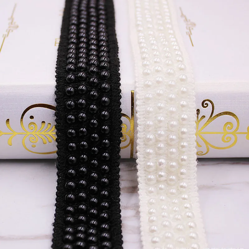 

10yards/lot white/black Pearl Beaded Lace Trim Tape Fabric Ribbon DIY Collar Sewing Garment Headdress materials 3.5cm