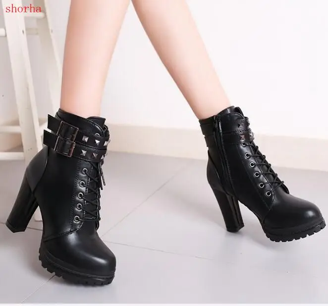 New Autumn Women Ankle Boots Platform High Heel Shoes Ladies Lace Up Buckle Strap Short Boots Casual Female Footwear