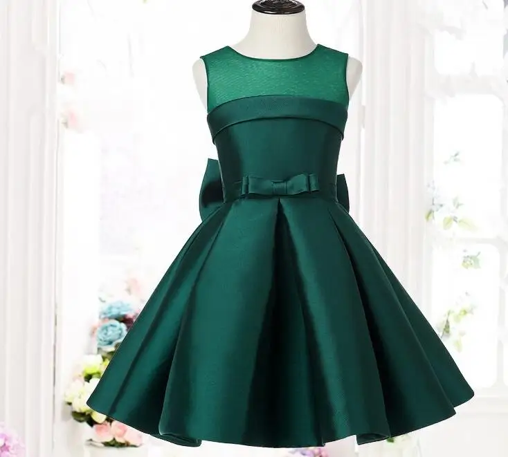 Green Satin Party Dance Baby Girls Dresses for School show Princess Dress teenager Girls Costume Kids Clothes 2-14 Year Birthday