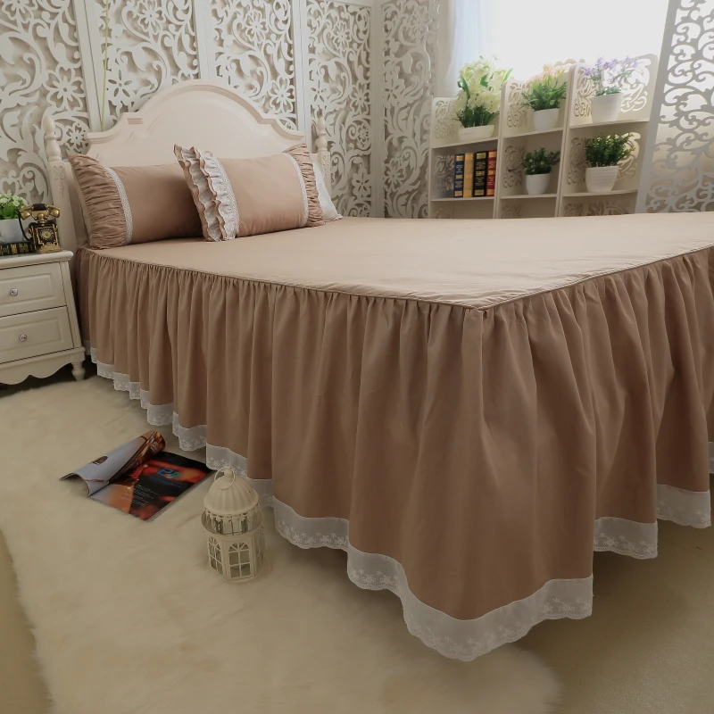 Free shipping princess Korean ruffles khaki embroidery lace bedding set twin full queen king size постельное белье с рюшами