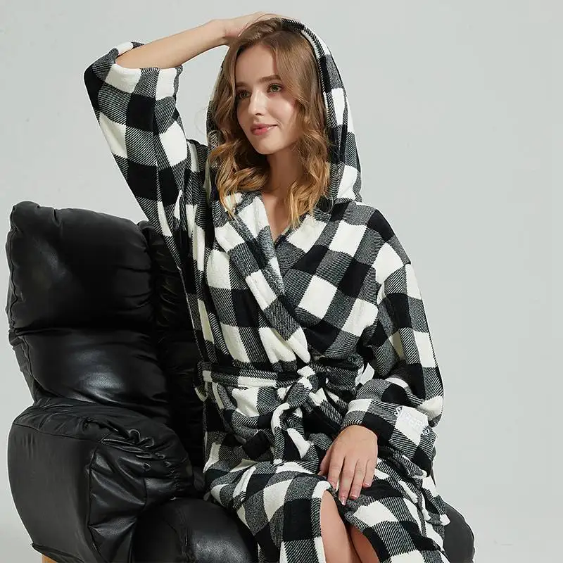 

Summer Women Bathrobe Thick Warm Coral Fleece Kimono Bathrobe Gown Robe Dress Lovers Nightwear Pijama Sleepwear Black and White