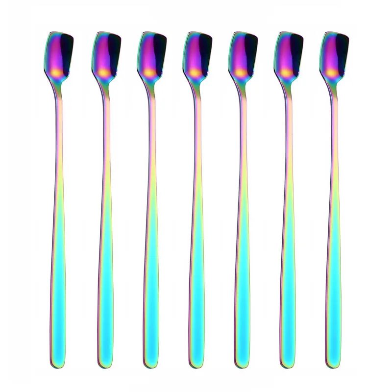 304 Stainless Steel Square Head Ice Spoons, Mixing Spoon, Dessert Long Handle Scoop, Cocktail Bar Tools, Rainbow Dinnerware Set