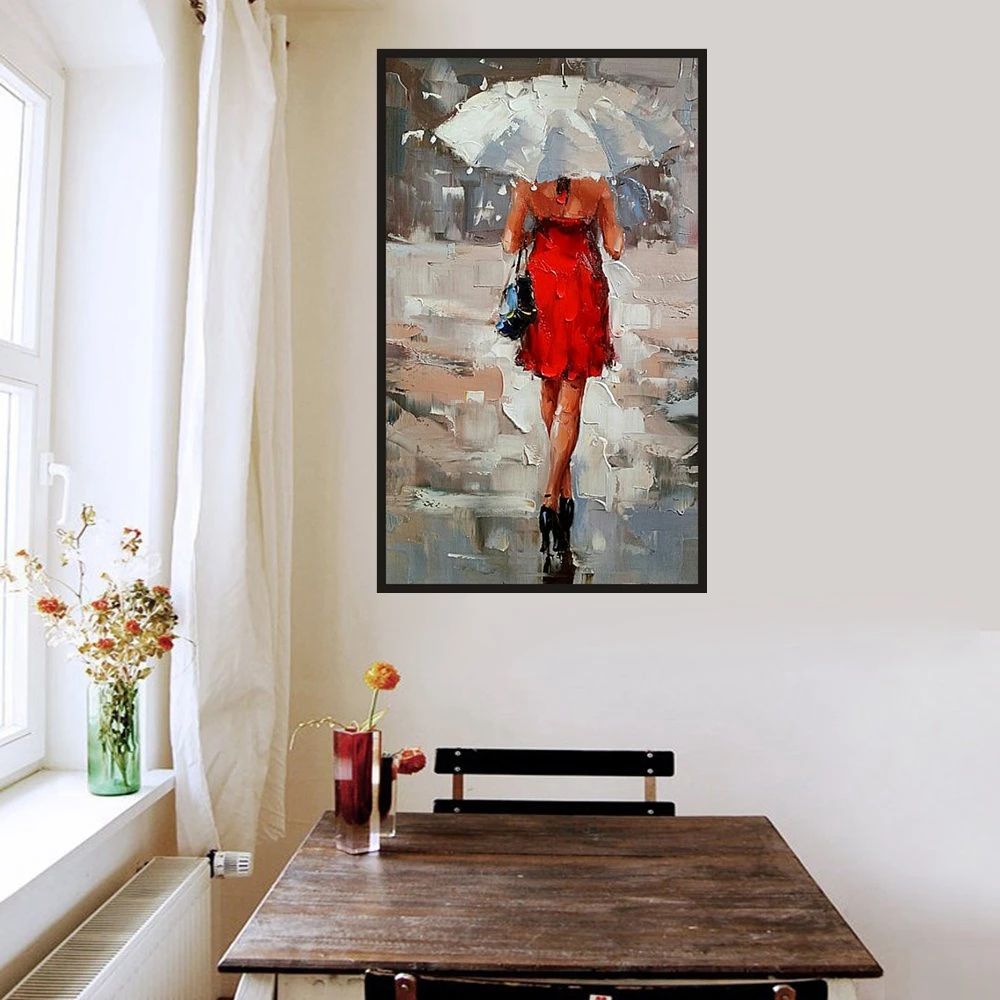 

Rain White Umbrella Figure Painting for Living Room Wall Art Hand Painted Knife Oil Painting Canvas Modern Home Decor Drop Ship