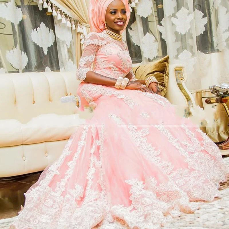 African Style Muslim Mermaid Wedding Dresses with Half Sleeve Appliqued Nigerian Bridal Gown Covered Vestido de Novia