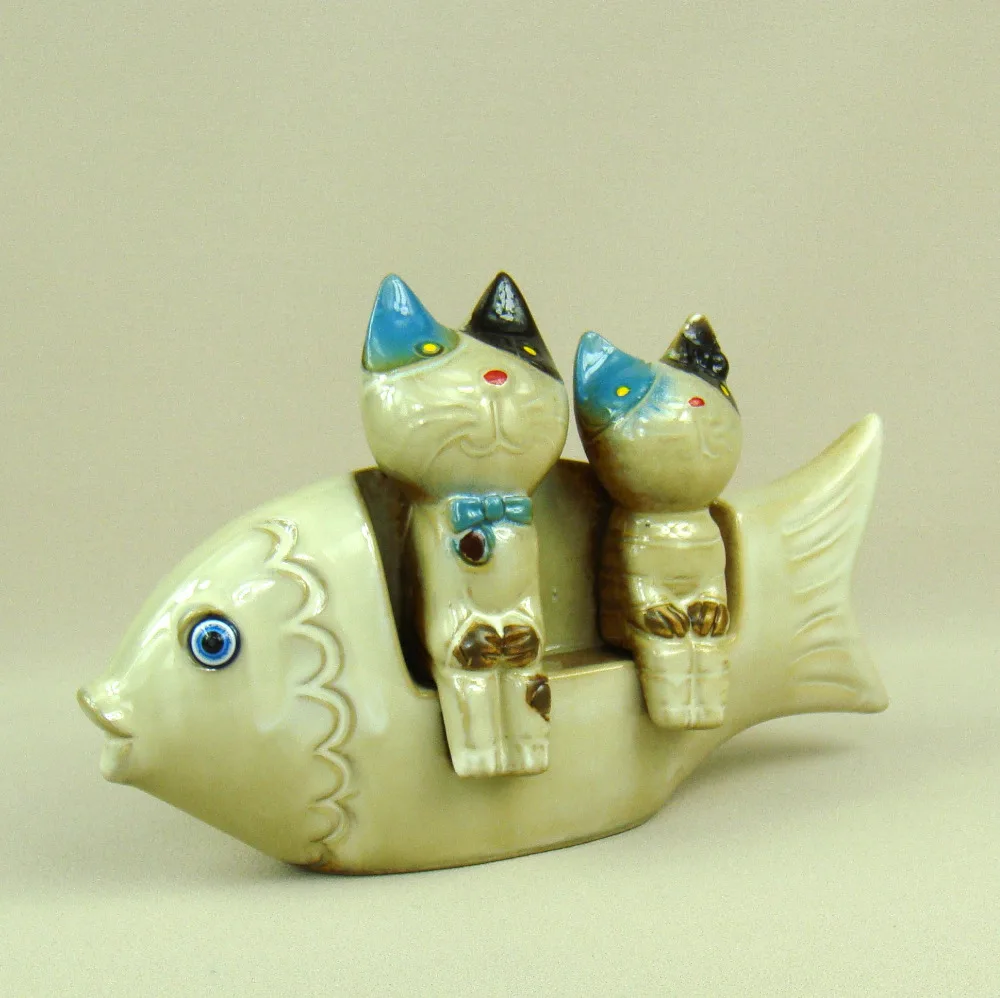 Wacky Ceramics Cat Lovers Miniature Handmade Porcelain Kitten and Fish Figurine Decor Novelty Gift Craft Ornament Accessories