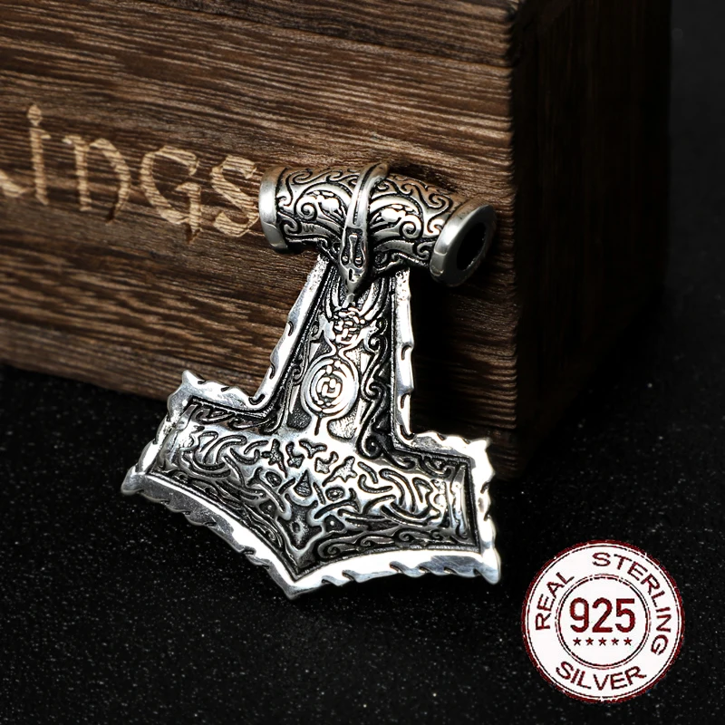 

S925 sterling silver Viking raven thor's hammer necklace with keel necklace and real cow leather and wood box as gift