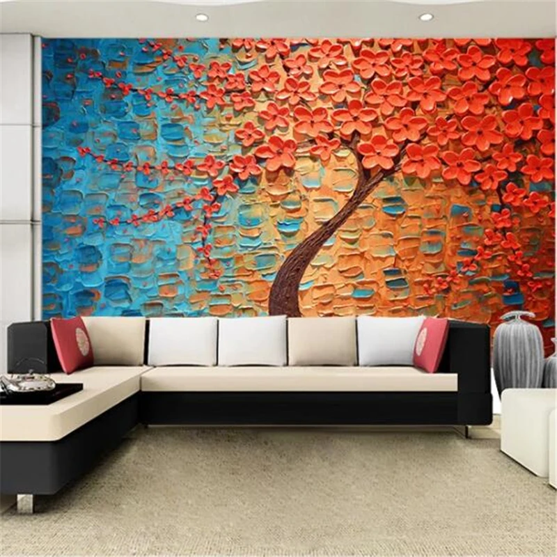 

Custom wallpaper 3d photo murals red flower oil painting papel de parede knife painting rich tree mural TV background wall paper