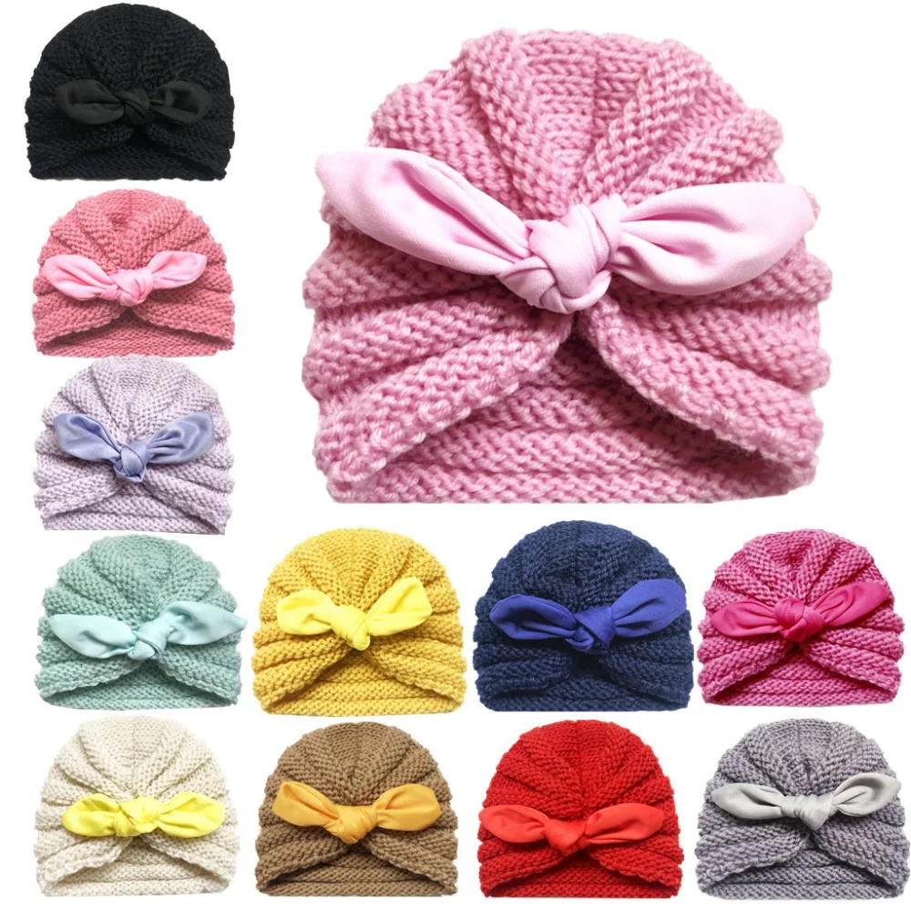 

New Baby Donut Hat Newborn Caps With Bowknot Elastic Knitted Bows Beanie Cap 12 Colors Infants Turban Hats