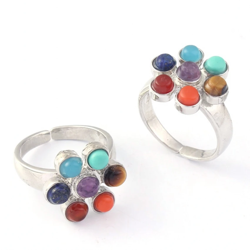 Silver Plated Flower of Life 7 Chakra Beads Healing Crystal Stone Adjustable Finger Ring Fashion Women Men Girls Jewelry Gifts