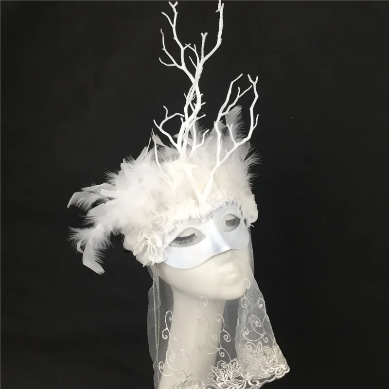 Masque de Fille en Plumes Noires et Blanches, Branches, Vêtements de Sauna, Modèle de Cosplay de ix, Accessoires de Maquillage, Voile de Visage