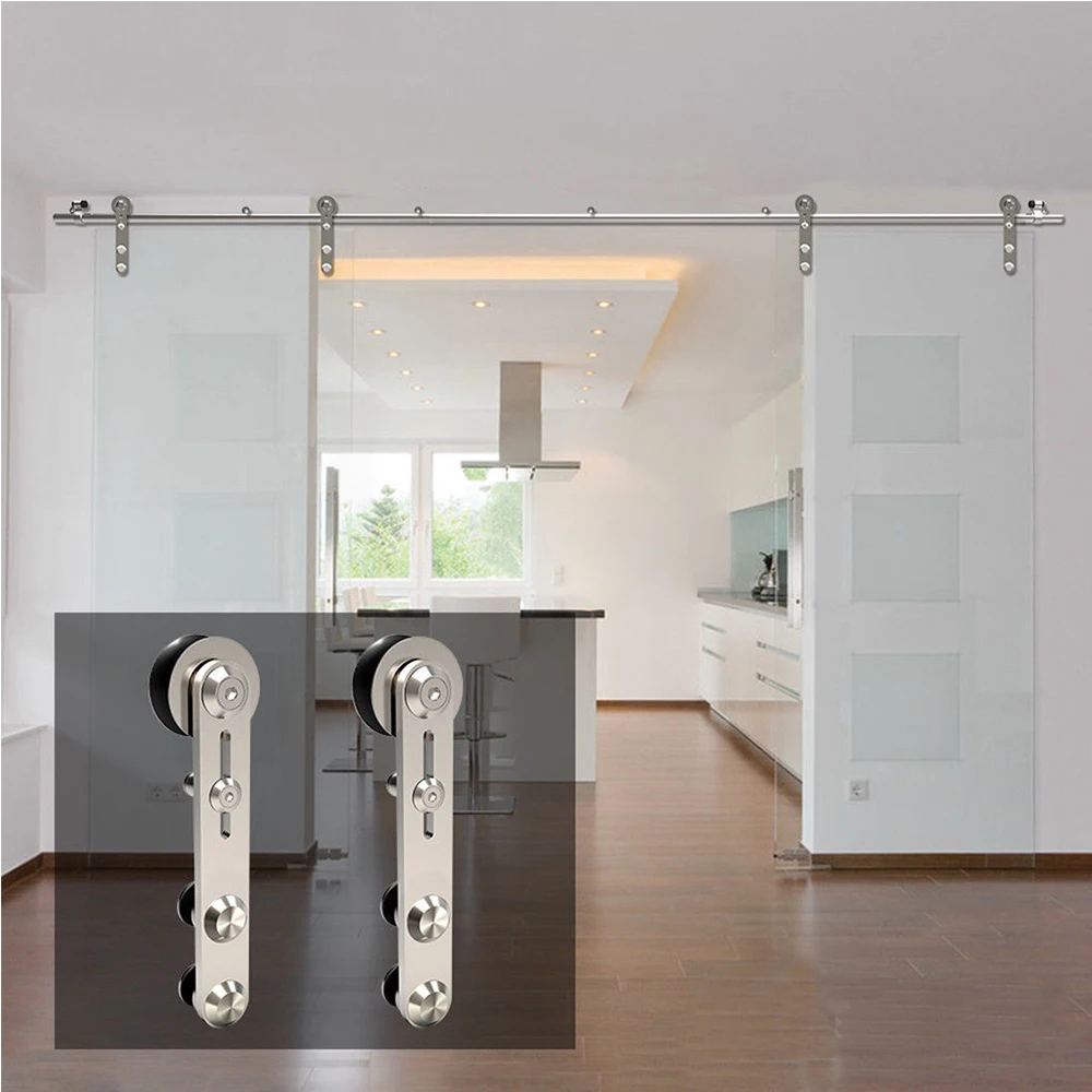 LWZH4-9.6FT Round -Shaped Silver Stainless Steel Puerta Corredera Wooden and Glass Sliding Door Hardware Kit for Double Door