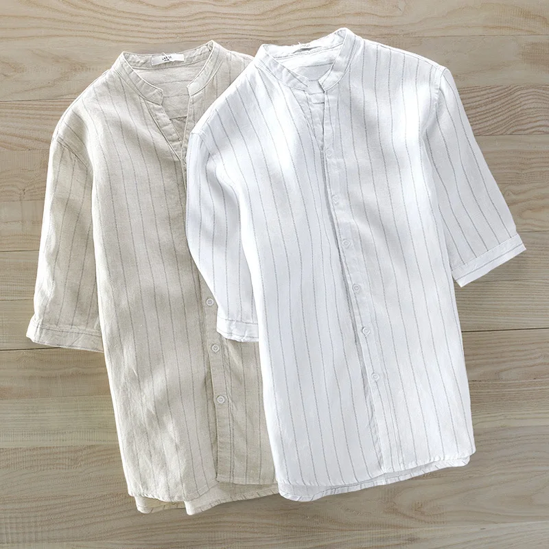 

Mens Striped Short Sleeve Dress Shirts High Quality Cotton Linen Breathable Soft Classic Shirt Chinese Retro Vintage