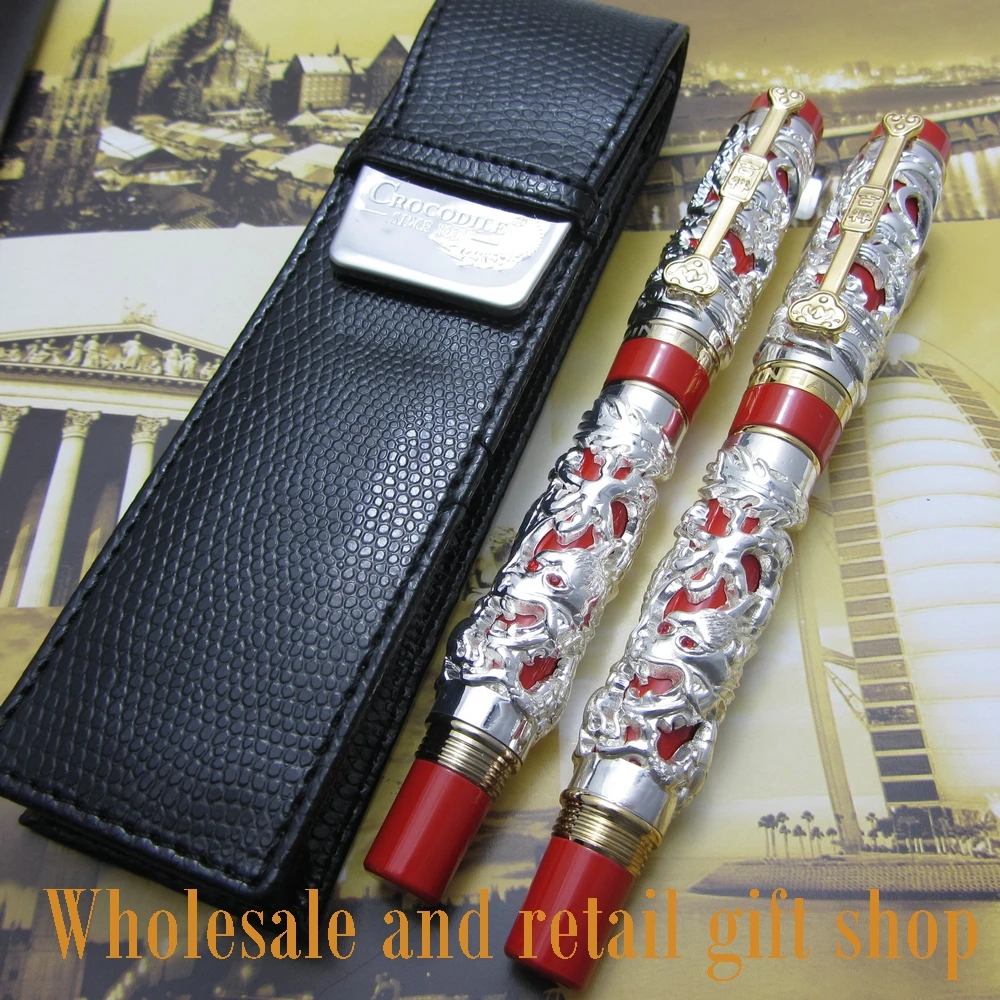 2pcs  Jinhao pen Long Feng heavy silver red Chinese classical luck clip and pen bag fountain pen