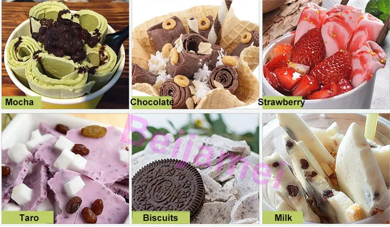 ماكينة صنع الآيس كريم المقلية التجارية الأكثر شعبية في تايلاند من BEIJAMEI ماكينة صنع الآيس كريم الكهربائية المقلية مع 6 برميل