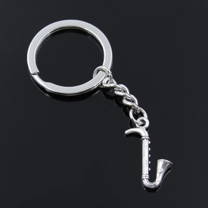 New Fashion Men 30mm Keychain DIY Metal Holder Chain Vintage Saxophone Instrument Music 17x27mm Silver Color Pendant Gift