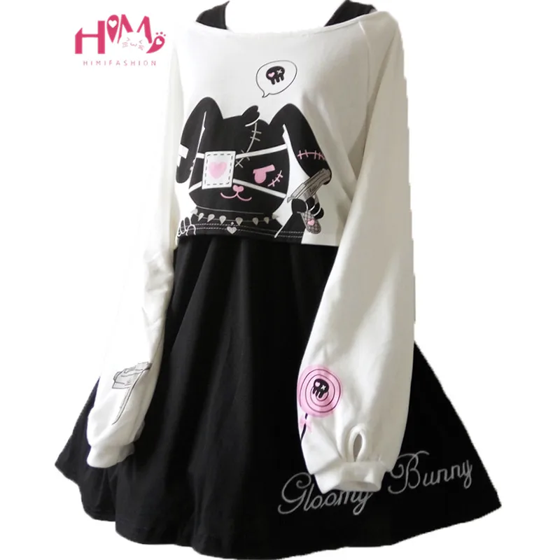 Vestido Lolita de coelho kawaii para meninas, conjunto preto de duas peças, manga comprida, mini vestidos casuais soltos, cosplay japonês,