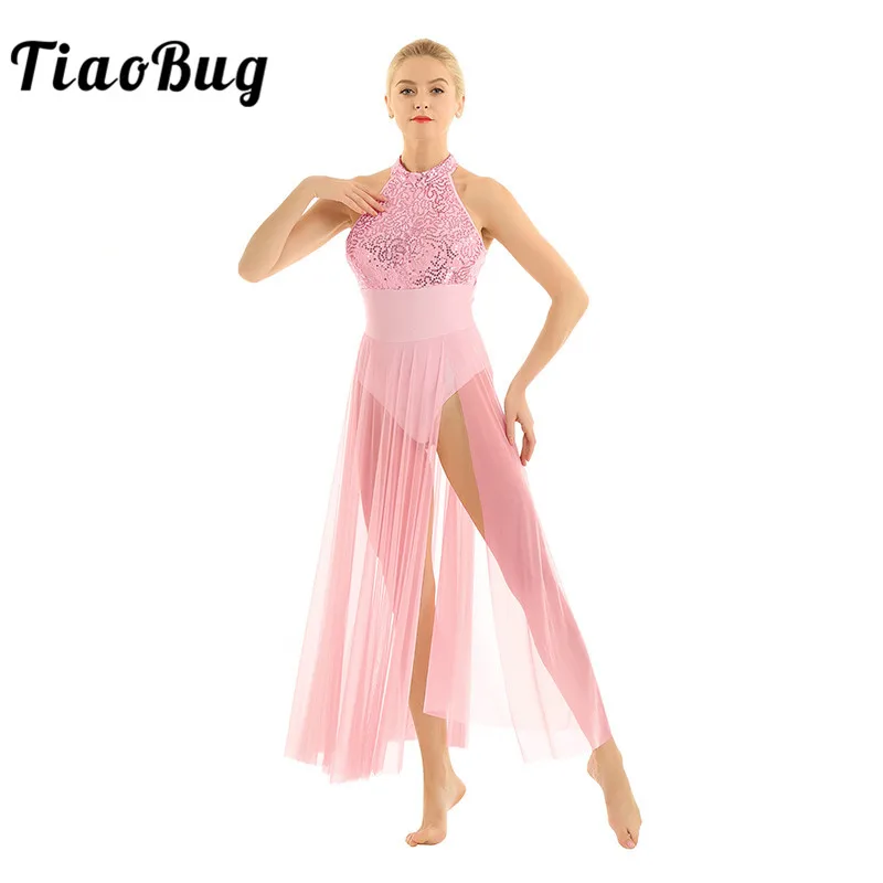 

TiaoBug Shiny Sequins Women Ballet Tutu Leotard Mesh Long Dress Adult Sleeveless Ballroom Contemporary Lyrical Dance Costumes