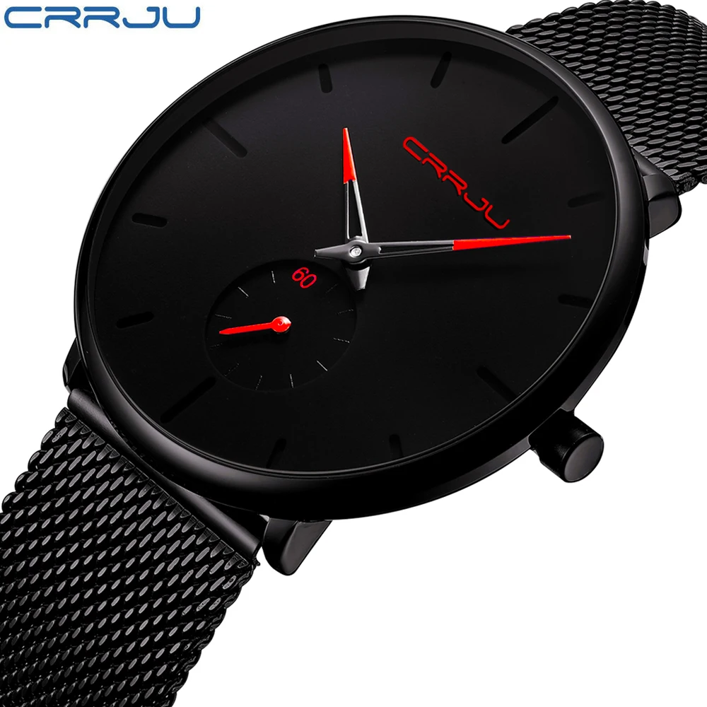 Crrju moda preto relógio masculino clássico casual quartzo homem negócios casual esporte relógio único masculino presente relógio de pulso relogio