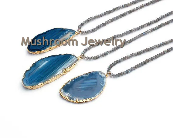 

Boho Blue Agates Pendant Necklace Labradorite Beads Necklace Agates Slice Pendant Necklace