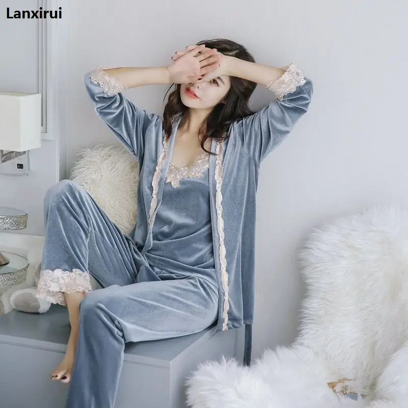 Spring 3 three-piece Set Sexy Bathrobe Women  lace Flannel Pajamas Set Nightgown Set Sleepwear Pajamas Feminino Pyjama suits