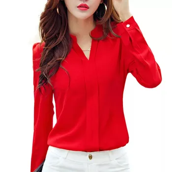 Camisa de manga larga para mujer, ropa de otoño, blusa de gasa ajustada a la moda con cuello en V, camisas coreanas elegantes para oficina para mujer, blanco y rojo DF2324