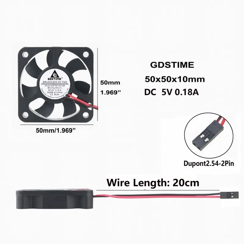 

10 pcs Gdstime DC 5V 2Pin Dupont Brushless 5010s 50x50x10mm 5010 Micro Cooler Portable Axial Cooling Fan 50mm x 10mm