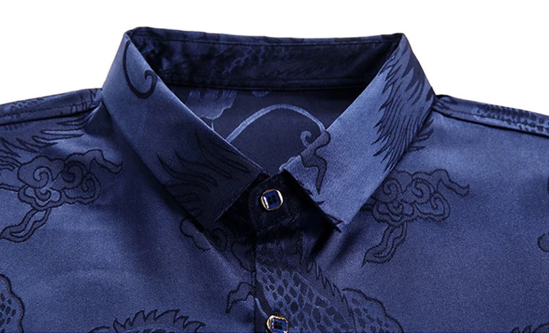 Wine Red Smooth Silk Satin Shirt Men 2019 Chinese Dragon Jacquard Mens Slim Fit Long Sleeve Button Down Dress Shirts Chemise 4XL