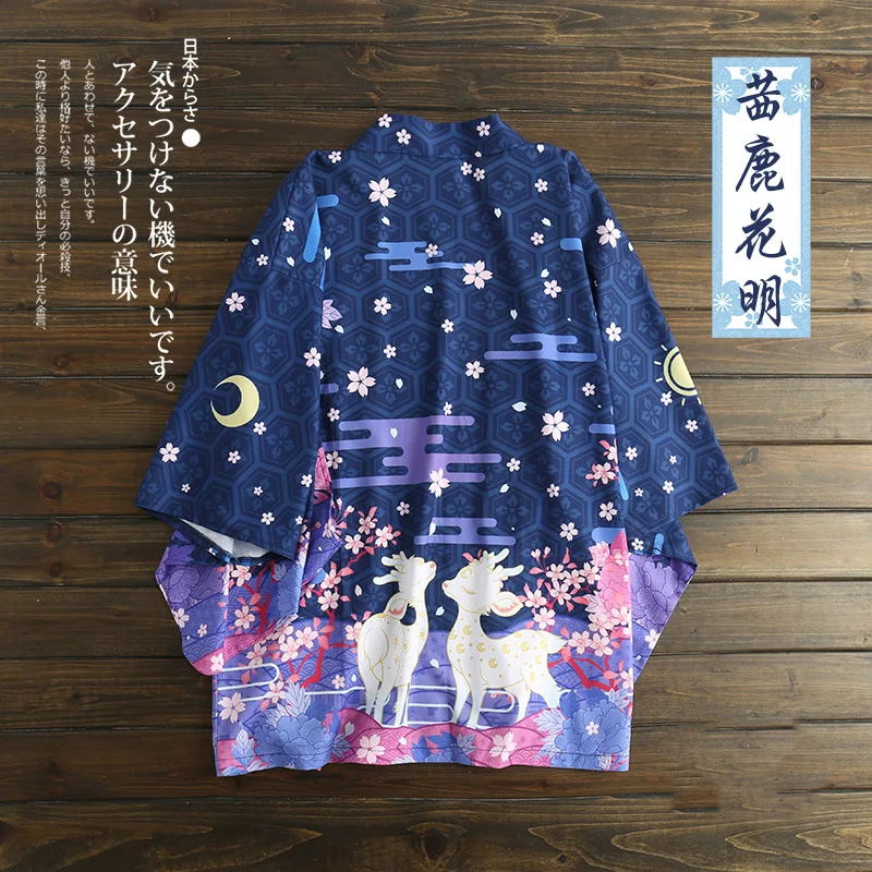 Japanese loose bathrobe Sakura deer flower Blue color haori summer Sunscreen kimono Literature and art cosplay women Chiffon