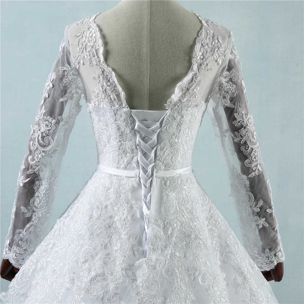 Personnalisé ZJ9065 Corset 2025 robes de mariée blanches avec bord en dentelle grand Train manches longues pour les mariées formelles grande taille 2 26 W