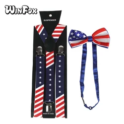 Winfox New Fashion Unisex Navy Red Star American Flag Bowties And Suspenders Sets For Mens Womens