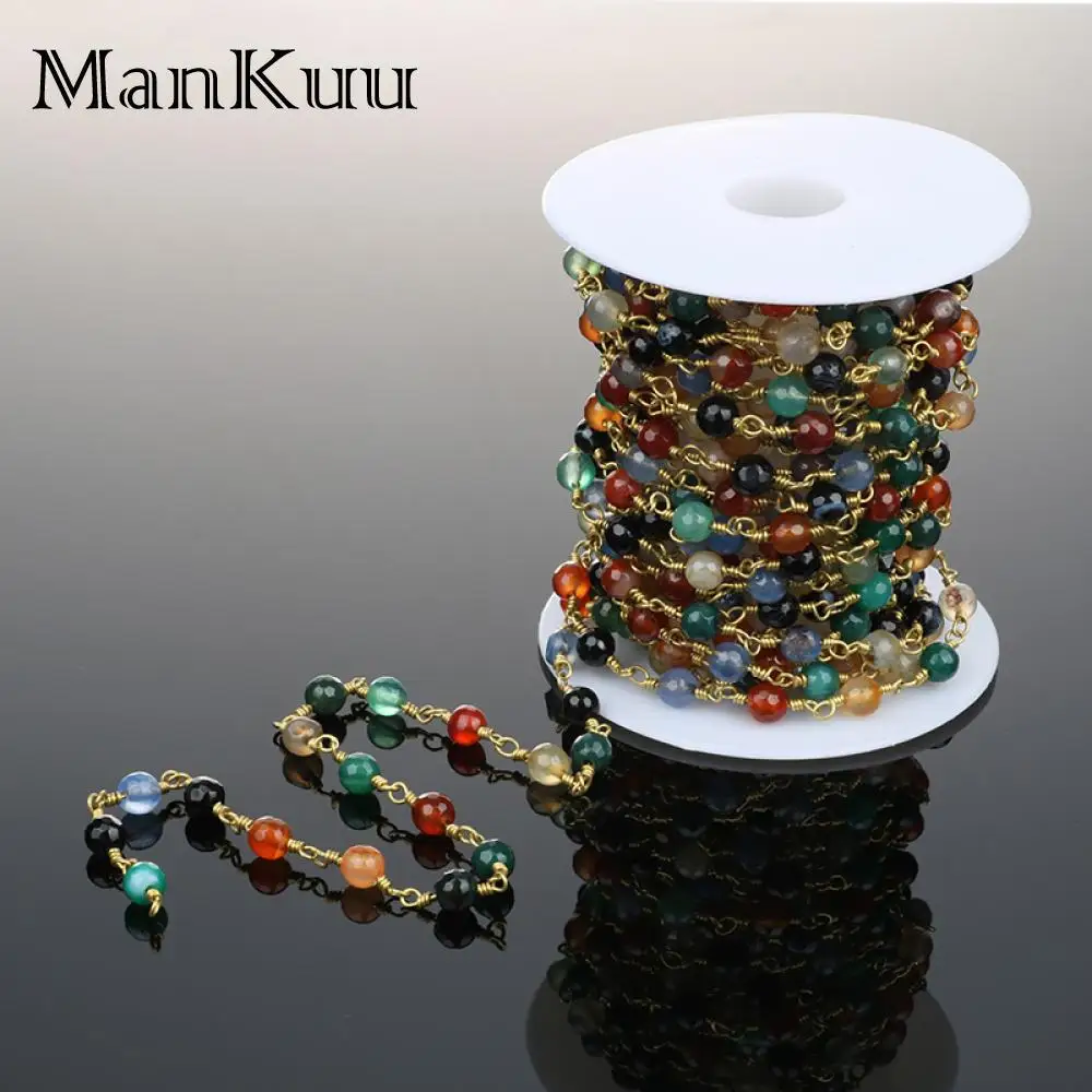 Mankuu 6mm Faceted Rainbow Agates Stone Bead Chains For Rosary Jewelry Making 5M/Lot Wholesale Handmade Gold Plating Bead Chains