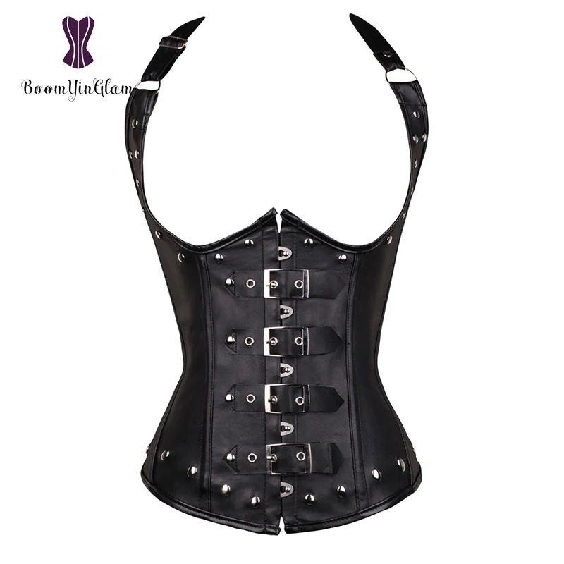 Wholesale Leather material halterneck slimming tummy shapewear waist cincher shaper bodysuit spiral steel boned corset 828#