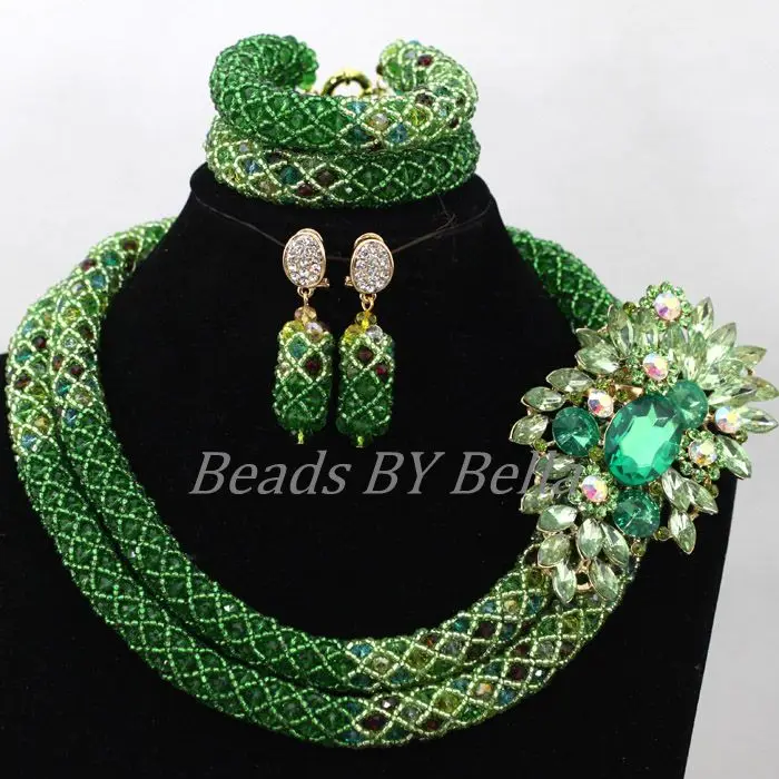 

Splendid Green Seed Beads Crystal Women Choker Necklace Bridal Jewelry Sets Nigerian Beaded Necklaces Sets Free Shipping ABK247