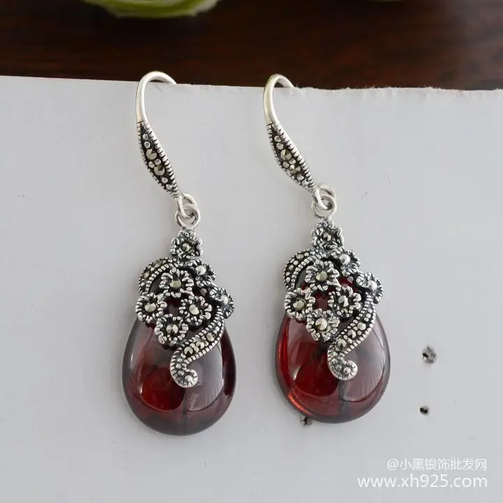 925 Sterling Silver Jewelry Thai Restoring Ancient Ways Water Droplets Red Pomegranate Barren Woman Earrings