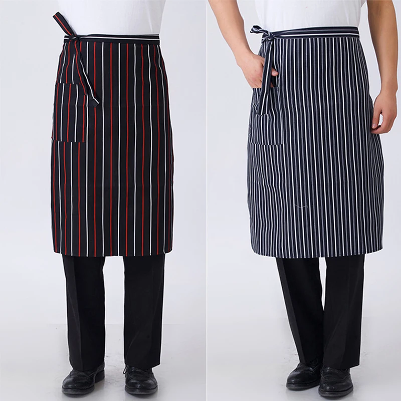 Harga Grosir Dapur Memasak Apron Striped Kotak-kotak Setengah Panjang Pendek Pinggang Apron dengan Pocket Catering Chef Pelayan Bar Apron